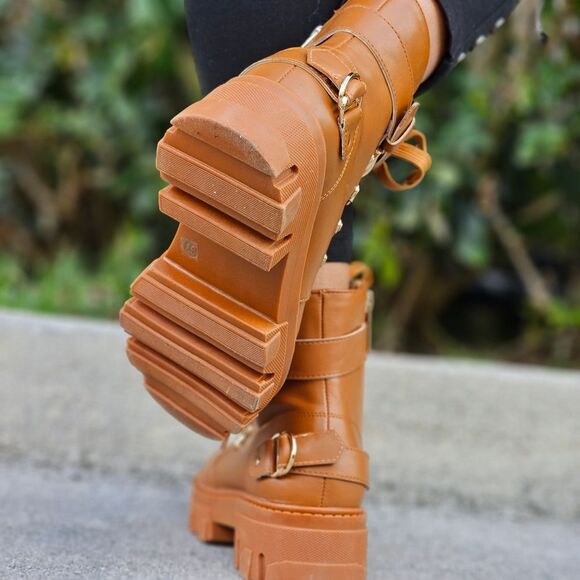 Womens Tan Combat Ankle Boots Lace Up Heeled - Picture 5 of 6